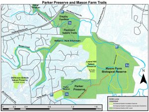 Map of the NCBG natural areas in southern Chapel Hill, including Parker Preserve, Mason Farm, and the Piedmont Nature Trails.