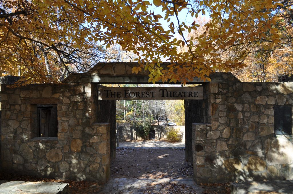 The entrance to the Forest Theatre, a stone amphitheater on the UNC campus.