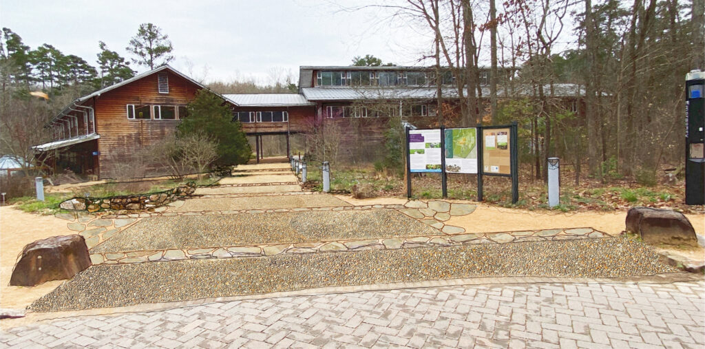 A rendering of the future of the Garden's entry walk, featuring paved sections and stones.