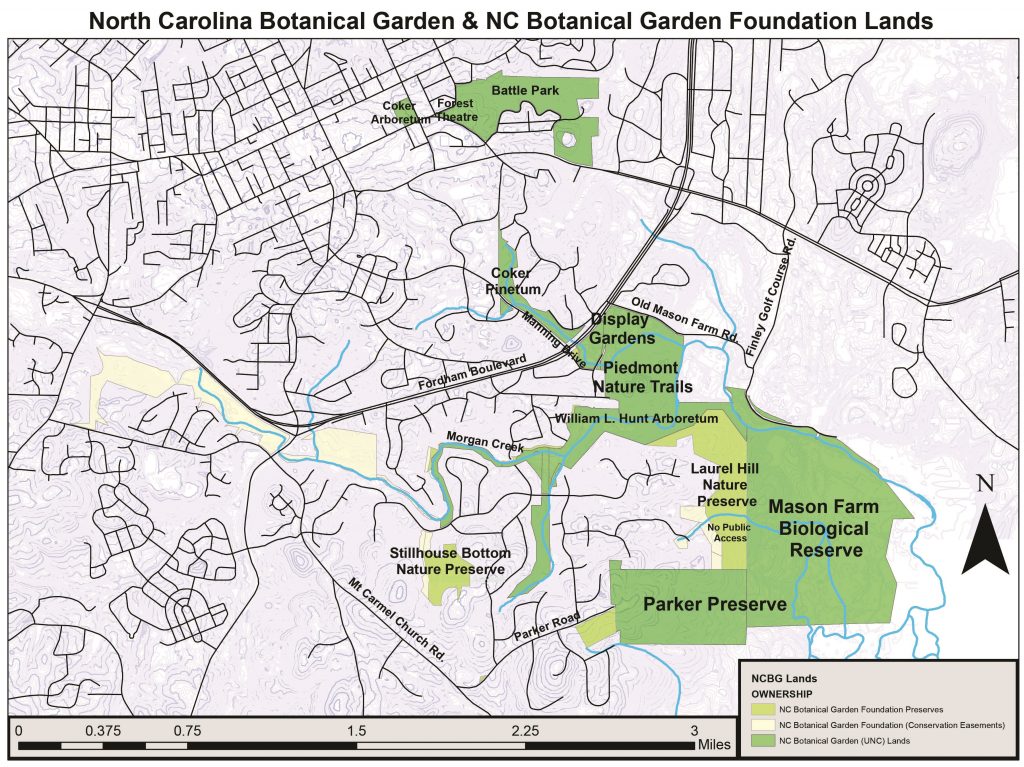 Map showing Garden and NCBG Foundation properties in the Chapel Hill area.