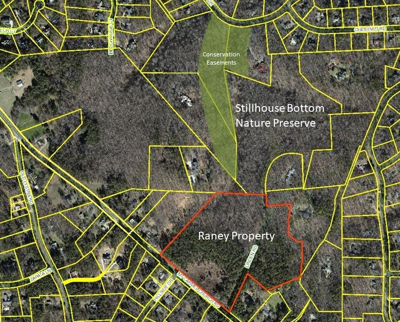 Satellite map showing the Raney Property along Mt. Carmel Church Road and how it connects to the existing Stillhouse Bottom Nature Preserve.