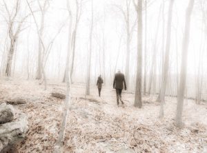 Art photograph of two figures walking into faded winter woods