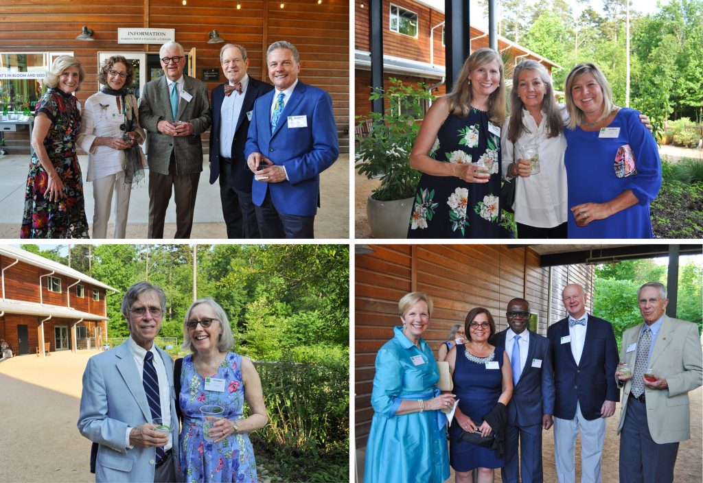 Attendees of a past Carolina Moonlight Garden Party wearing garden party attire - suits, floral dresses, etc.