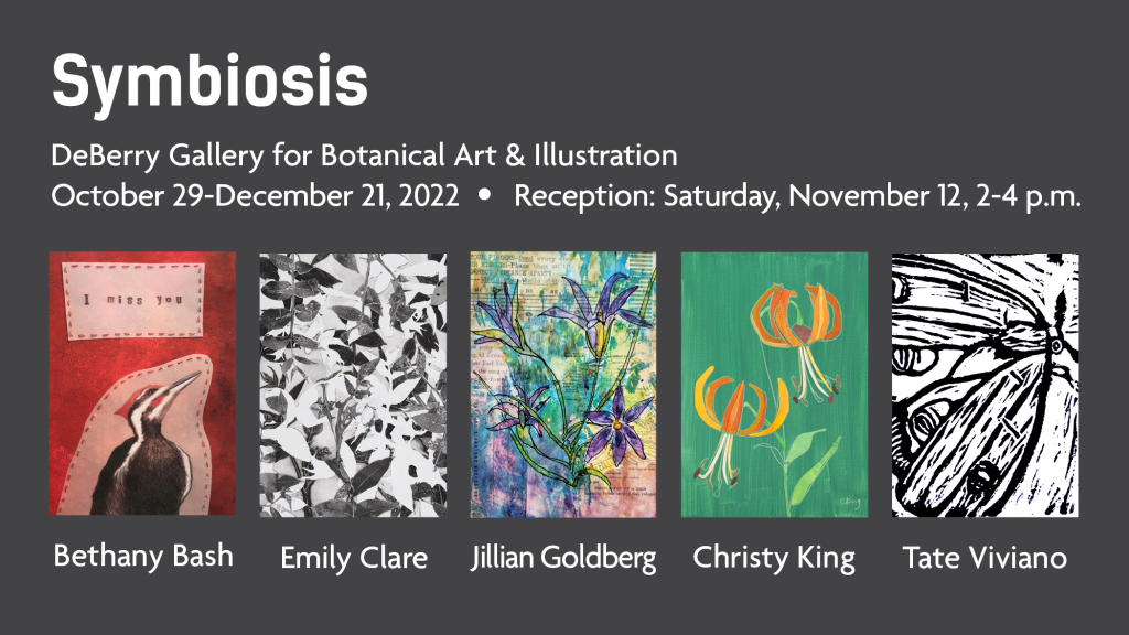 Postcard showing images of the works by each artist in the November-December Symbiosis exhibit. They are colorful and varied.