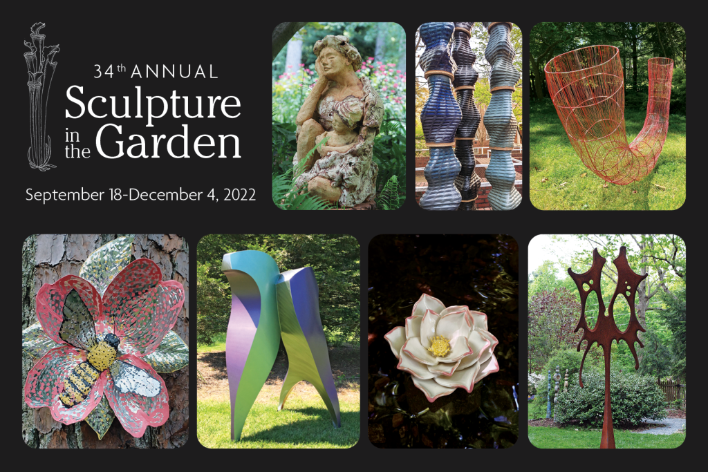 Postcard for the 2022 Sculpture in the Garden exhibit, with images of some of the sculptures in the show, including figurative ceramic works and abstract metal works.
