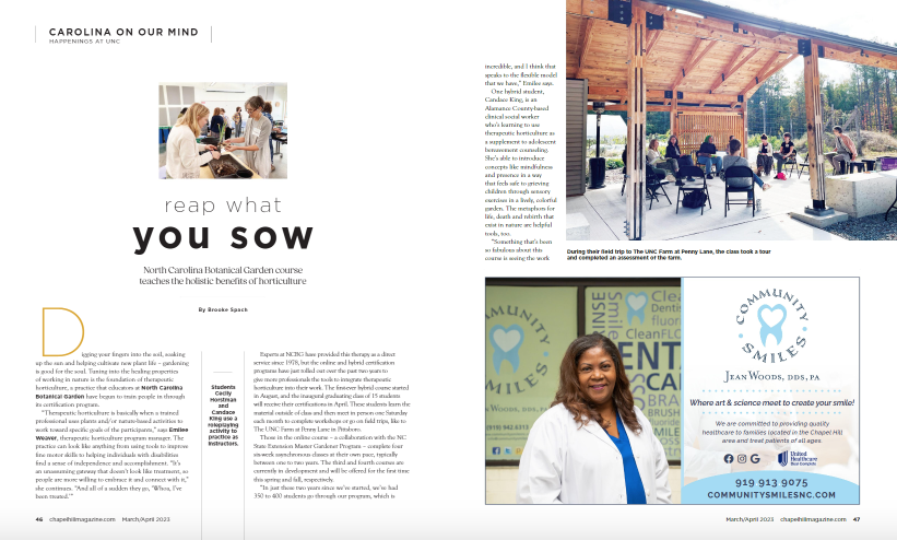 Page spread from the Chapel Hill Magazine article about the Therapeutic Horticulture program, with the title "Reap what you sow"