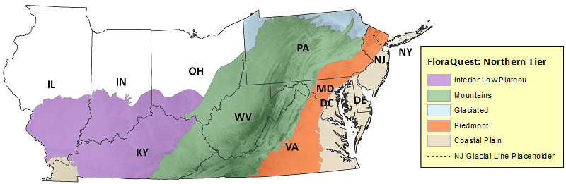 A map showing the area of FloraQuest: Northern Tier. The area consists of Delaware, Kentucky, Maryland, New Jersey, Pennsylvania, Virginia, West Virginia, and Washington DC, as well as southern portions of Illinois, Indiana, New York, and Ohio.