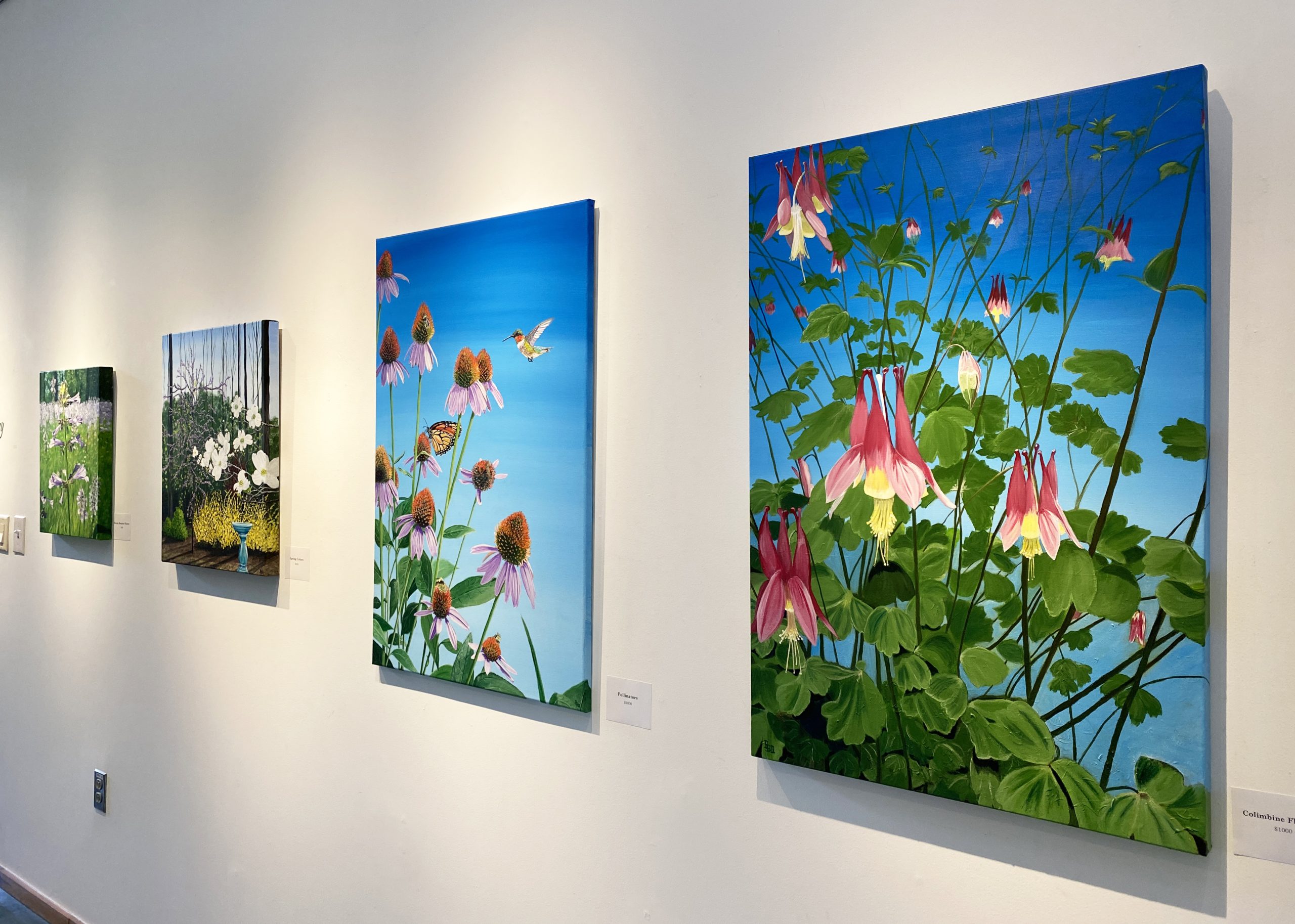 Acrylic paintings of columbine, coneflower, and other native plants by Boots Quimby hang in the DeBerry Gallery.