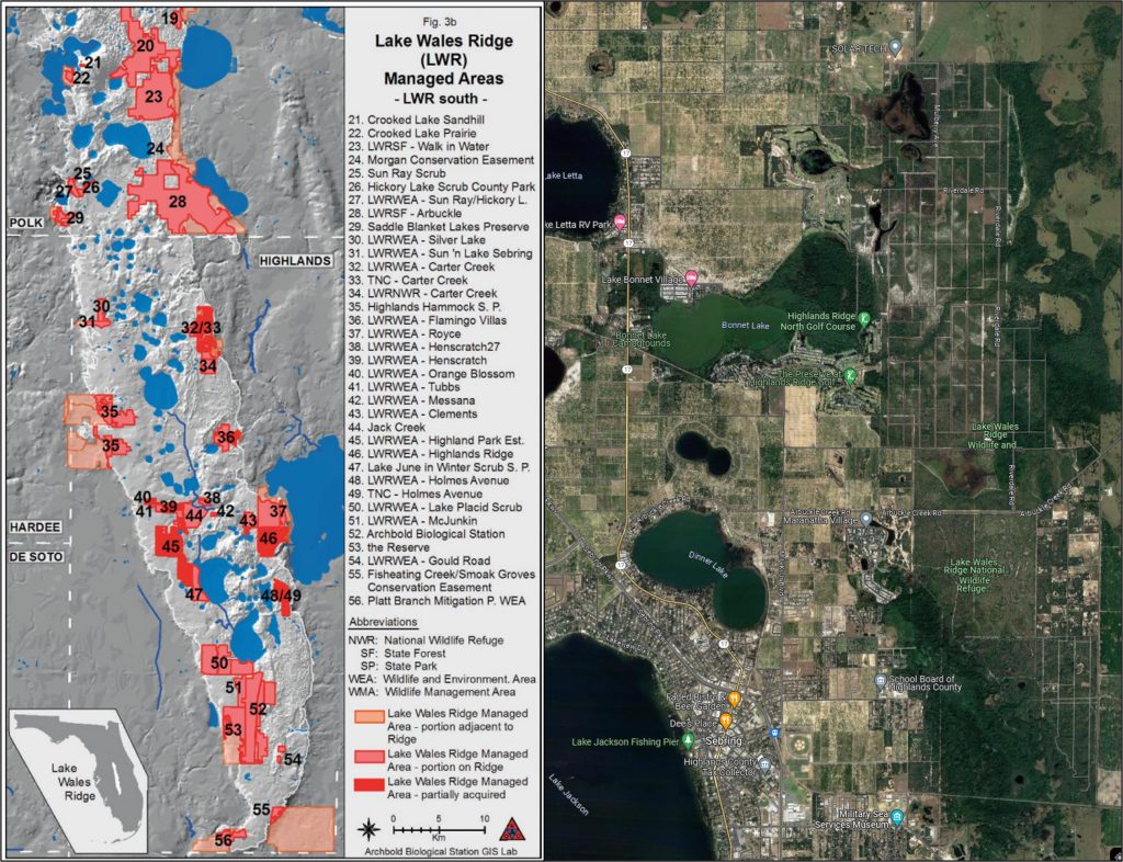 Fig. 4. Left: Managed natural areas of the southern Lake Wales Ridge (the ridge colored in light grey) as of 2008 (left picture; map courtesy of Weekley et al. [2008]). Many areas were and still are only partially protected (darker red parcels). The two most concentrated residential areas on the southern LWR include Sebring northward and Lake Placid southward, but many residential lots and orange groves dominate the landscape. For instance, see right aerial image (courtesy of Google Maps), where remaining tracks of Carter Creek (far right) are all that remain of an area otherwise converted to neighborhoods or orange groves (left half of aerial).
