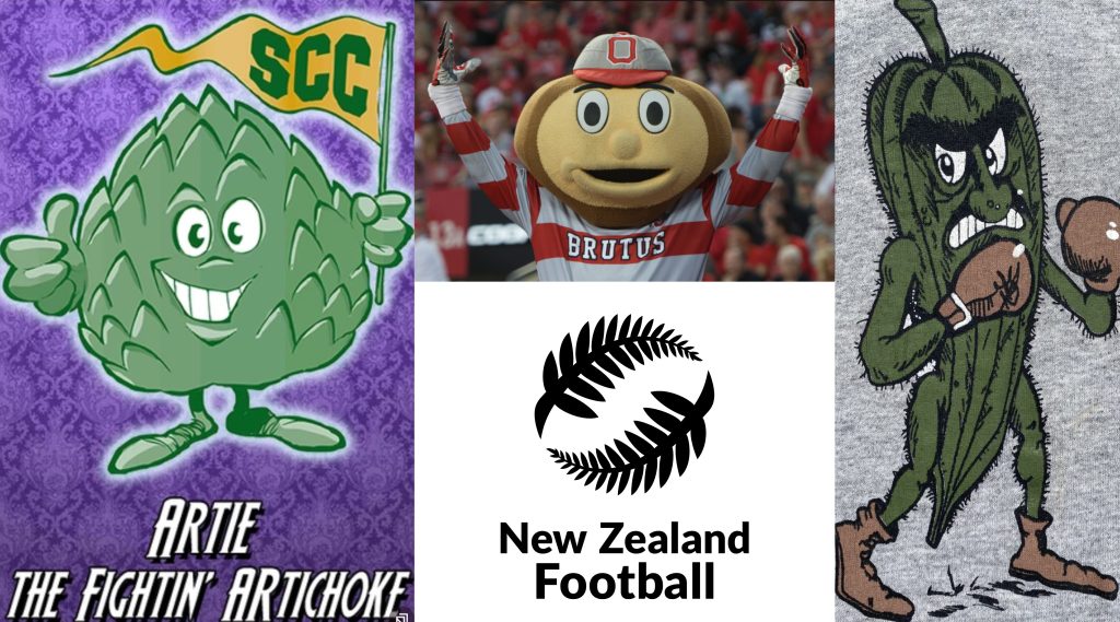 A collection of botanical sports mascots: Artie the Fighting Artichoke, Brutus the Buckeye, New Zealand Football Ferns, and the Delta State Fighting Okra